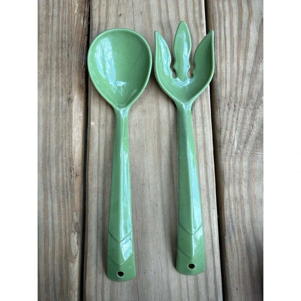 Two Vintage Melamine Kitchen Utensils Spork Spoon Green Serving Set